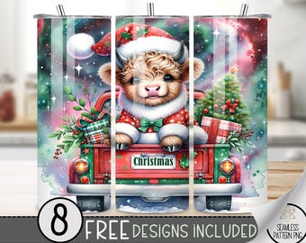 Christmas Highland Cow Tumbler Wrap, Santa Tumbler Wrap,Santa Highland Cow,Xmas Gift Trucker 20 OZ Sublimation Design File Download,Cute Cow