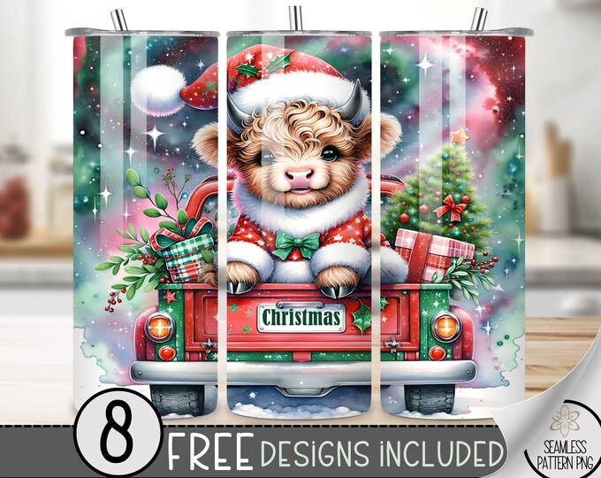 Christmas Highland Cow Tumbler Wrap, Santa Tumbler Wrap,Santa Highland Cow,Xmas Gift Trucker 20 OZ Sublimation Design File Download,Cute Cow
