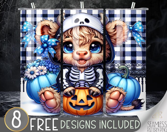 Halloween Highland Cow Design, Cute Skeleton 20Oz Skinny Tumbler Wrap PNG, Cute Highland Cow Tumbler Sublimation Design, Whimsical Tumbler