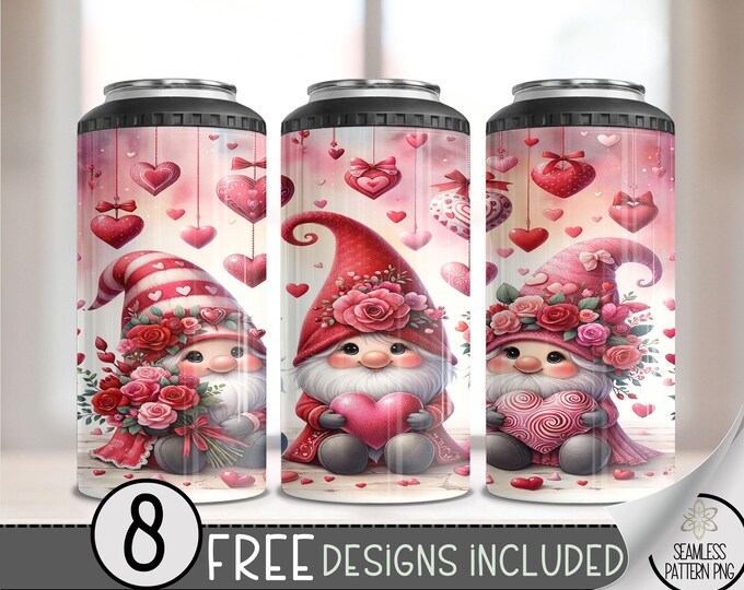 Seamless Valentine Gnomes 4in1 Can Cooler Wrap, Vday Sublimation Design, Love 16 Oz Can Cooler Design File, Cute Gnome 4 in 1 Tumbler PNG,