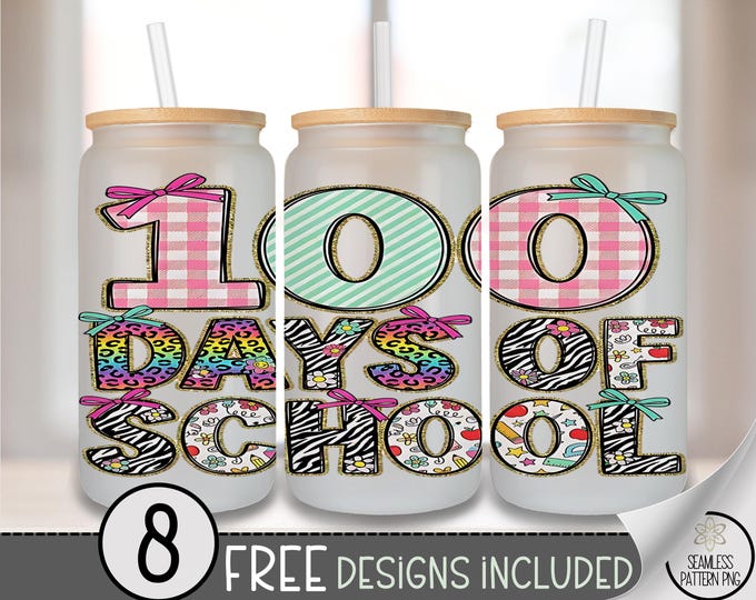 100 Days Of School Coquette PNG, Rainbow Leopard 16Oz Glass Can Wrap Sublimation Design Digital Download, B929