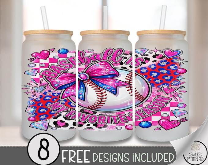 Baseball Glass Can Wrap, Cute 16oz Glass Tumbler Sublimation Design, Pink Coquette Baseball PNG File, Trendy Fun Beer Can Design B10059