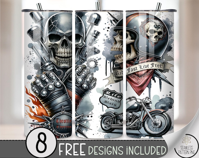 Skull and Motorcycle Printable Tumbler Wrap, Rocker Skull Design, Grunge Style PNG, Unique 20oz Drinkware File, Edgy Wrap Pattern A410