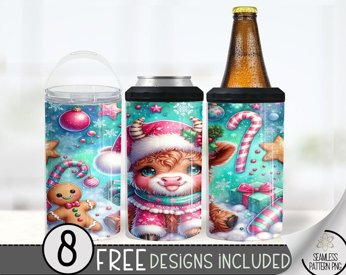 Cute Highland Cow Can Cooler Wrap, Xmas 16 oz 4-in-1 Cooler Sublimation, Teal Christmas 16Oz Tumbler File, Gingerbread Man Design File PNG