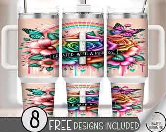 Vibrant Floral Cross 40 oz Tumbler Wrap, Colorful Christian PNG, Inspirational Butterflies, Printable 40oz Design, Purposeful PNG, A471