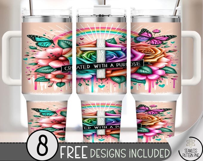 Vibrant Floral Cross 40 oz Tumbler Wrap, Colorful Christian PNG, Inspirational Butterflies, Printable 40oz Design, Purposeful PNG, A471