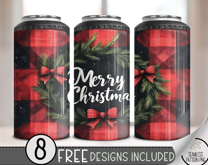 Rustic Christmas 4in1 Can Cooler Wrap, Country Sublimation Design, Xmas 16 Oz Slim, Merry Christmas Wreath 4 in 1 Tumbler Digital Download
