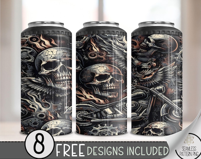 Motorcycle Can Cooler Wrap, Flaming Skull 16 oz 4-in-1 Cooler Sublimation, Biker Design File, Skeleton Can Cooler PNG Wrap, Ride Or Die