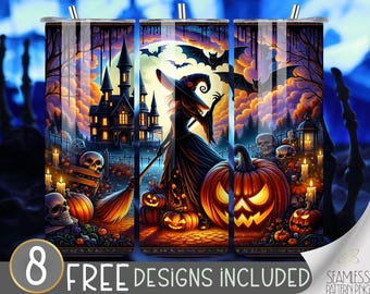 Witch Tumbler Wrap 20 Oz Skinny Tumbler Sublimation Designs, Halloween Horror Tumbler Wrap PNG, Sparkle Wiccan Bats Tumbler Design, Pumpkin