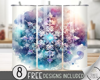 Snowflake Tumbler Wrap, Pretty 20 Oz Skinny Tumbler Sublimation Design, Winter PNG Tumbler Wrap, Snow Png File, Seamless Instant Download