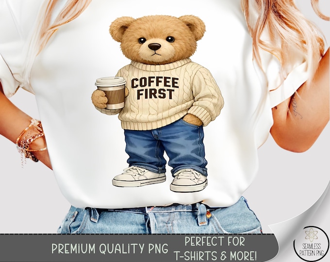 Coffee Bear T-shirt PNG, Cozy Sweater Sublimation Design, Playful Coffee Lover DTF Shirt Graphic, Cute TShirt File, Digital Product B10006