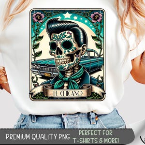 Design de camiseta de tarô El Chicano, moletom com caveira de açúcar da moda PNG, design de sublimação Lowrider estilo La Chicano para camisa, A125