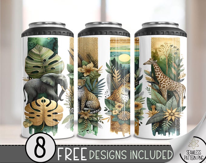 Safari 4 in 1 Can Cooler Wrap, Jungle Theme 4in1 Tumbler PNG, Elephant Graphic 16 Oz Can Cooler Sublimation Design, Giraffe Leopard PNG, A48