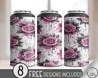 Roses PNG, 4-in-1 Can Cooler Wrap, Pink Floral Sublimation Design, Romantic Vintage, Digital Download, B920