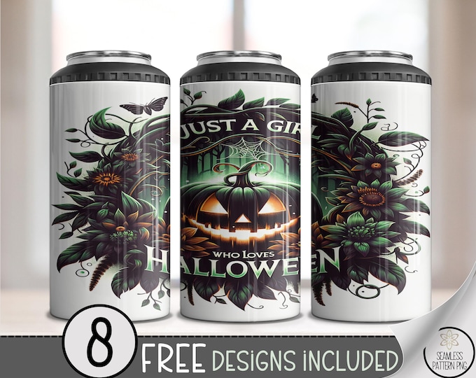 Halloween Can Cooler Wraps, Spooky Pumpkin Design, 4in1 Pack, Gothic Autumn Design, Just A Girl Who Loves Halloween, 8 Free Designs A444