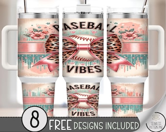 40 oz Baseball Vibes Tumbler Wrap PNG, 40oz Pink Teal Leopard Bow and Ball Design, Cute Game Day Sports Girl Sublimation Wrap, A310