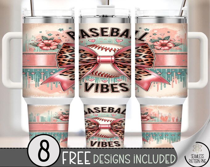 40 oz Baseball Vibes Tumbler Wrap PNG, 40oz Pink Teal Leopard Bow and Ball Design, Cute Game Day Sports Girl Sublimation Wrap, A310