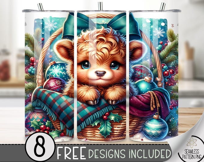 Christmas Highland Cow Tumbler Wrap PNG, 20 Oz Straight Xmas Sublimation Design, Teal Holiday Tumbler File, Cute Cow Coquette Bow PNG File