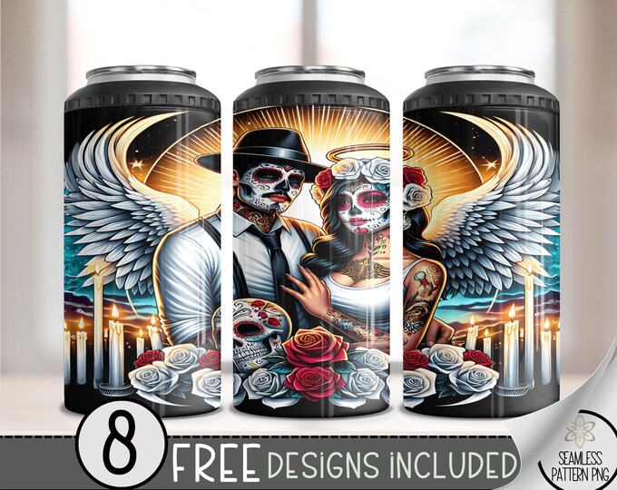 LA Chicano Girl Couple Cholo Couple 4in1 Can Cooler Wrap, Floral 4 in 1 Tumbler PNG, LA Sugar Skull 16 Oz Can Cooler Sublimation Design