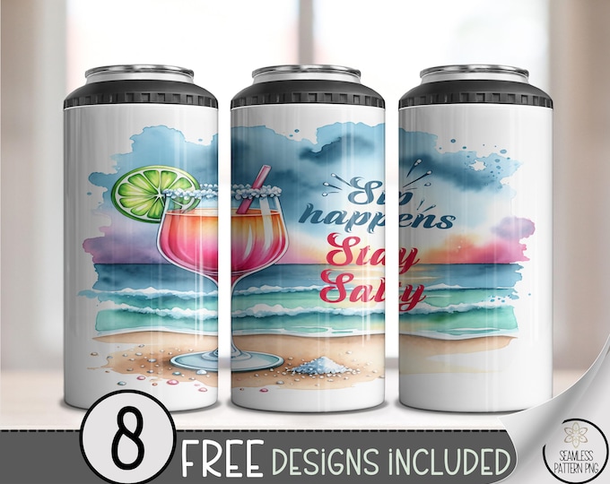 Summer Margarita 4 in 1 Can Cooler Wrap PNG, Tropical Beach Drink Design, Digital Download Sublimation, A629