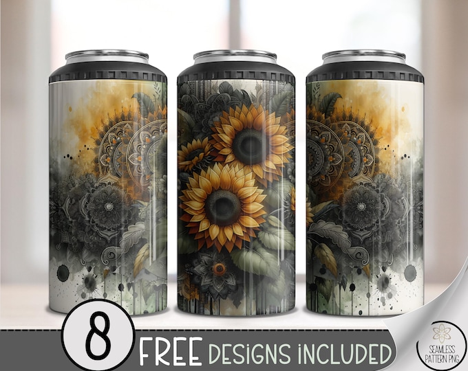 Grunge Sunflower 4in1 Can Cooler Wrap, Moody Mandala Sublimation Design, Vintage 16 oz 4-in-1 File Featuring Bold Floral Elements A718