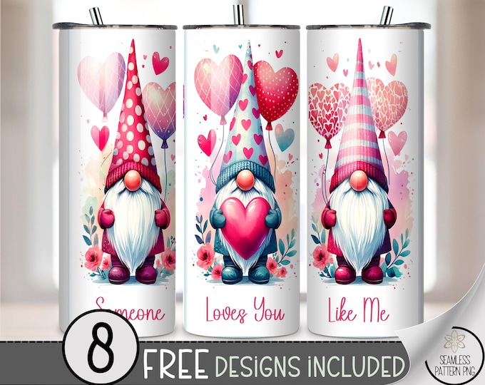 Cute 20 oz tumbler wrap, Valentine Gnome Digital Download Sublimation Design for Skinny Tumblers, Pastel Pink and Red PNG Files, A714