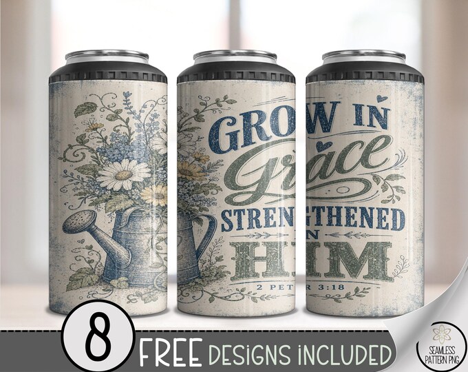 Grow in Grace 4-in-1 Can Cooler Wrap, Scripture Sublimation Design, 16oz Tumbler, Digital Download, B10387