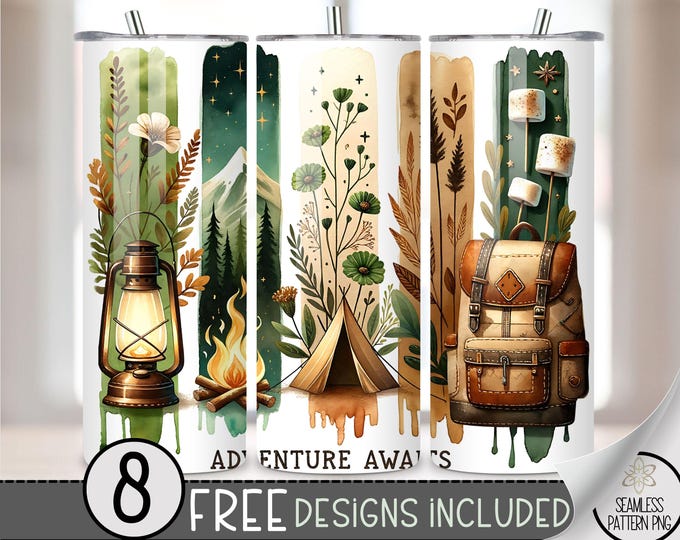 Camping Tumbler Wrap, Campfire 20oz Skinny Tumbler Sublimation Design, Marshmallow Tumbler Wrap PNG, Adventure Awaits PNG, A56