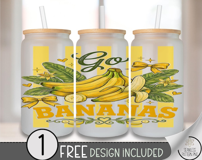 Banana Glass Can Wrap, Retro Kitchen 16oz Glass Tumbler Sublimation Design, Tropical PNG File, B10243
