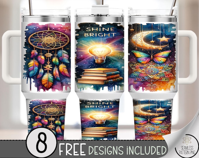 40 oz Shine Bright Autism Tumbler Wrap PNG, Dreamcatcher Puzzle Moon Books Butterfly Rainbow Design, Sublimation Awareness Wrap, A328