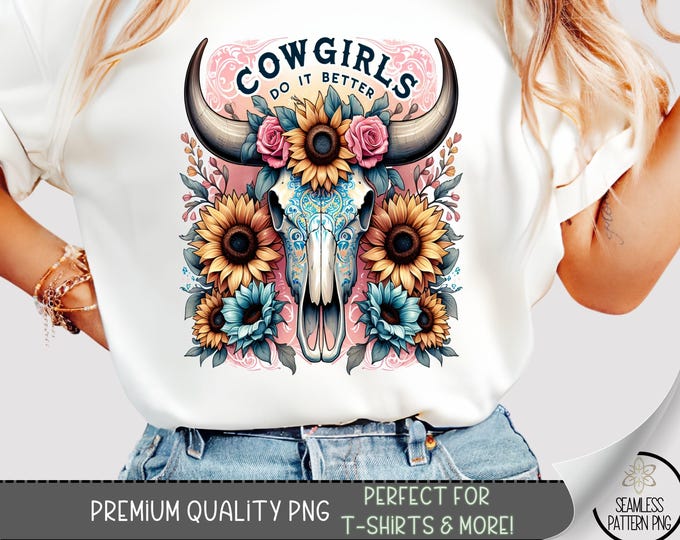 Vintage Cowgirl Skull T-Shirt PNG, Floral Western Sublimation Design with Sunflowers, Southwestern Pattern, Perfect for Graphic Tees A451