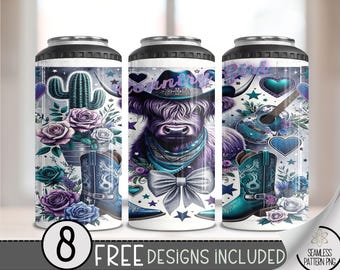 Cowgirl Highland Cow 4 in 1 Can Cooler Wrap, Western 4in1 Tumbler PNG, Cowboy Hat 16 Oz Can Cooler Sublimation Design, Country Girl Design