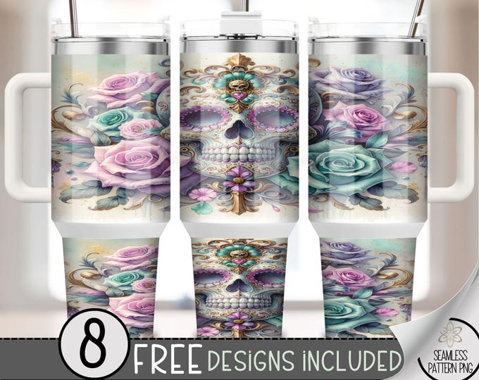 40oz Skull Rose Tumbler Wrap, Girly Skull 40 Ounce Sublimation Design,  Fancy 40 oz Floral Wrap, Grand Millennial 40oz Quencher PNG, A138