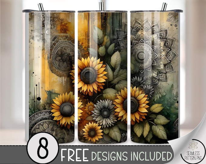 Grunge Sunflowers 20 oz Tumbler Wrap PNG, Digital Download, Floral Sublimation Design, Vintage Floral for Women, B644