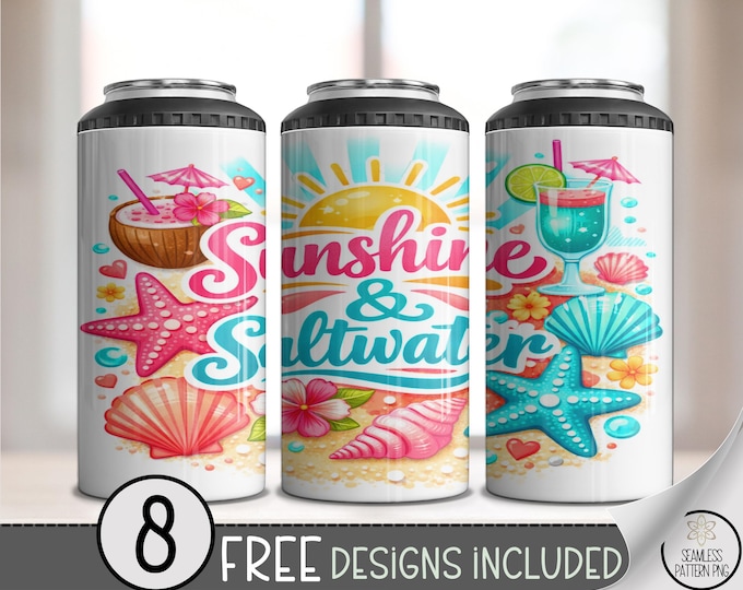 Summer Beach 4-in-1 Can Cooler Wrap, Sunshine & Saltwater Sublimation Design, Tropical 16 oz 4-in-1 File, Digital Download, B10226