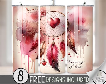 Valentines Day Tumbler Wrap, Boho Dreamcatcher Floral Sublimation Design PNG, Ethereal 20Oz Skinny Tumbler File, Mandala Tumbler PNG