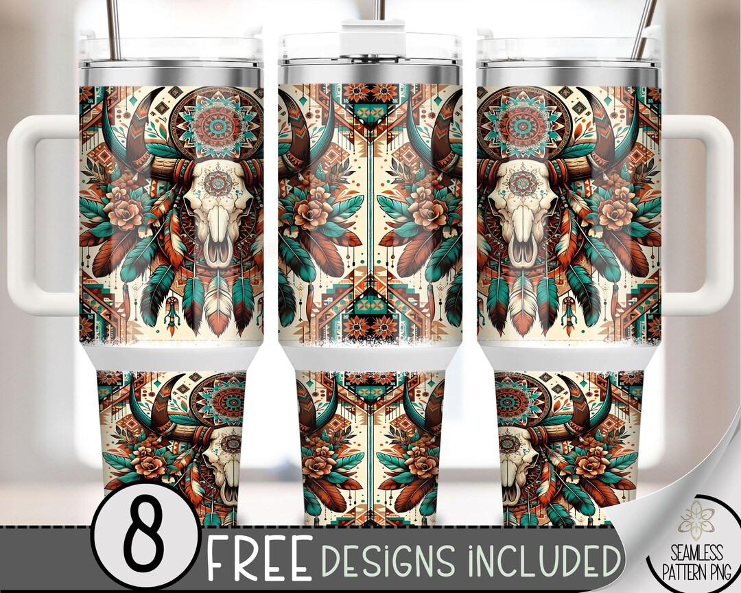 Boho Cow Skull 40oz Tumbler Wrap, Western Tumbler Sublimation Design ...