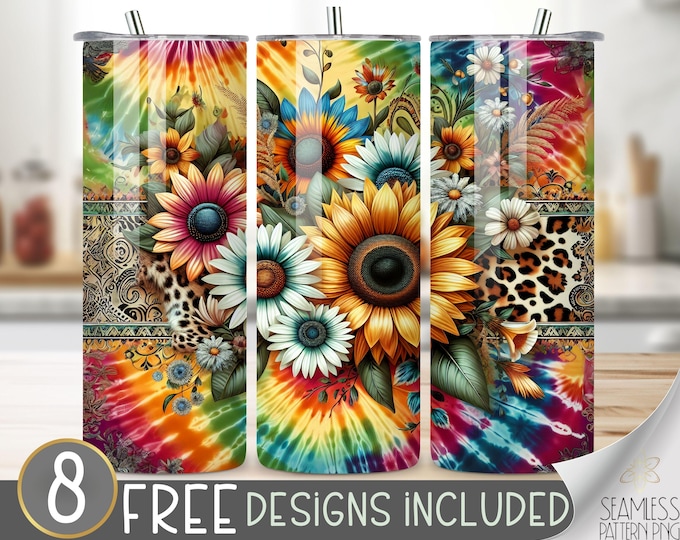 Hippie Tie Dye Tumbler Wrap, Cheeta Sublimation Tumbler Wrap, Seamless 20oz Skinny Tumbler Design, Boho Floral Tumbler Wrap, Exotic Leopard