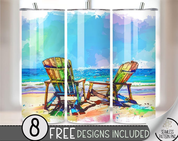Watercolor Beach Tumbler Wrap PNG, Beach Vacation Tumbler Design Wrap PNG, Sublimation Tumbler Wrap, Beach Chair Design Digital Download