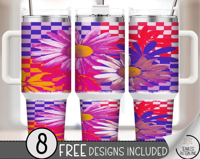 Retro Daisy Flowers 40 oz Tumbler Wrap, Y2K Groovy Sublimation Design, Digital Download, B10472
