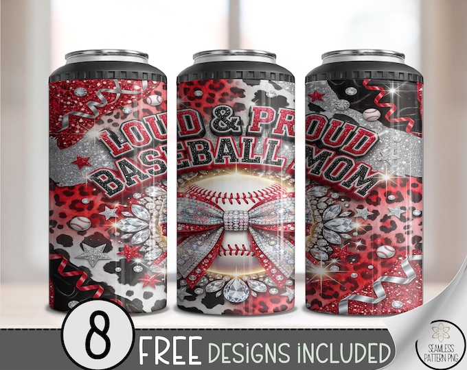 Loud & Proud Baseball Mom 4in1 Can Cooler Wrap, Sporty Glam Sublimation Design, Sparkly Festive 16 oz 4-in-1 File, Celebration B10132