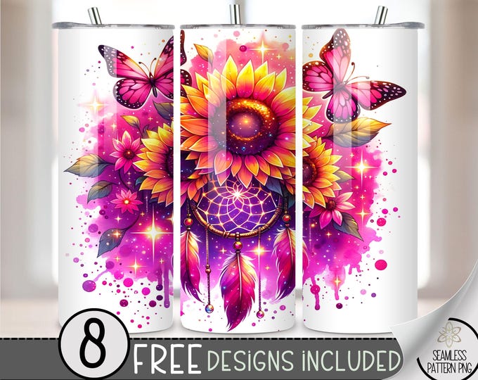 Sparkly Sunflower Tumbler Wrap, Neon Floral 20oz Skinny Tumbler Sublimation Design, Butterfly Glitter Dreamcatcher Tumbler Wrap File PNG