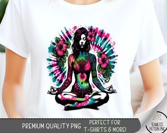 Tie Dye T-Shirt PNG, Hibiscus Yoga Graphic Tee Design, Woman Meditation Graphic Tshirt PNG, Tattoo Girl Sublimation Design, A121