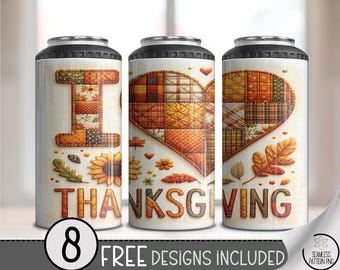 I Love Thanksgiving 4in1 Can Cooler Wrap, Cute Patchwork Sublimation Design, Quilt Style Can Cooler Wrap File, Farmhouse PNG Files, A525