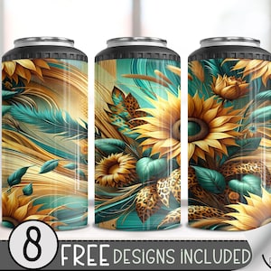 Vibrant Floral & Leopard 4in1 Can Cooler Wrap, Leopard Sunflower 4 in 1 Tumbler PNG, Floral Boho Chic 16 Oz Can Cooler Sublimation Design