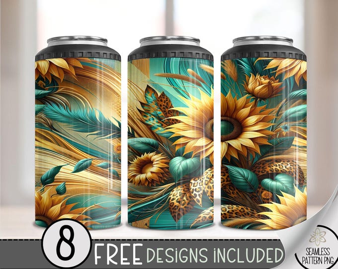 Vibrant Floral & Leopard 4in1 Can Cooler Wrap, Leopard Sunflower 4 in 1 Tumbler PNG, Floral Boho Chic 16 Oz Can Cooler Sublimation Design
