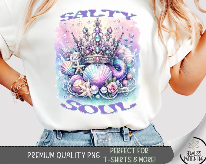 Salty Soul T-shirt PNG, Mermaid Shirt Design, Coastal Summer Tumbler Shirt PNG, Beach Vibes Pastel Shirt Design, Ocean Girl Shirt File, A251