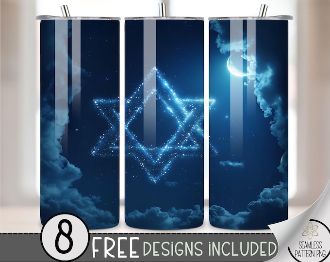Star Of David Tumbler Wrap, Hanukkah 20 oz Skinny Tumbler Sublimation Design, Winter Sublimation Design, Chanukah Tumbler File, Blue Silver