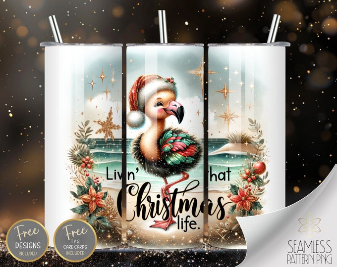 Red & Gold Flamingo, 20 oz Straight Tumbler Wrap Sublimation, Xmas Tumbler Design Files, Cute Christmas At The Beach Instant Download PNG