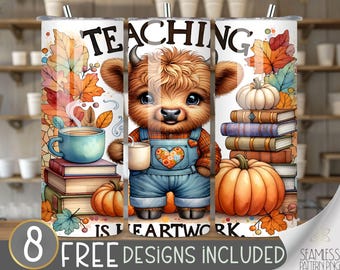 Teacher Sublimation PNG, Teaching is a Work of Heart PNG Design, Highland Cow PNG, Teaching is Heartwork, Teacher Life, Digital Download